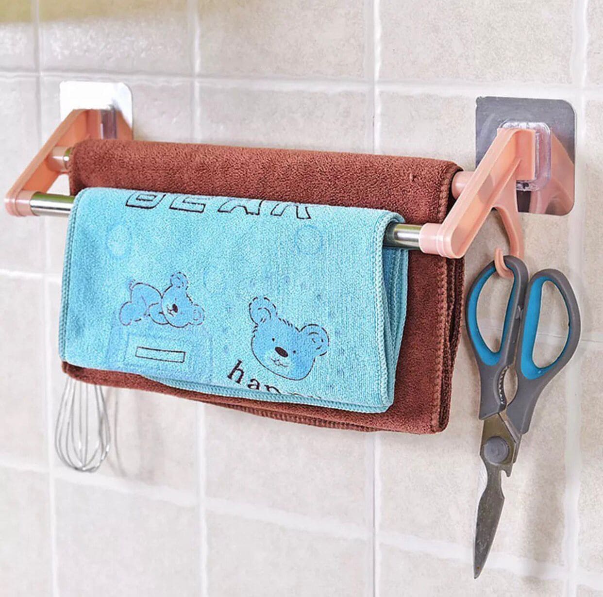 Stainless Steel Wall Mounted Double Shelf Bathroom Towel Rack, Self Adhesive Bath Wall Shelf with 2 Hooks, Wall Mounted Non Perforated Kitchen Utensils Rack Stainless Steel Wall Mounted Double Shelf Bathroom Towel Rack, Self Adhesive Bath Wall Shelf with 2 Hooks, Wall Mounted Non Perforated Kitchen Utensils Rack
